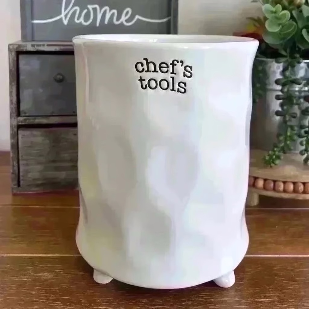 New Boho Farmhouse White Ceramic Utensil Crock Chefs Tools